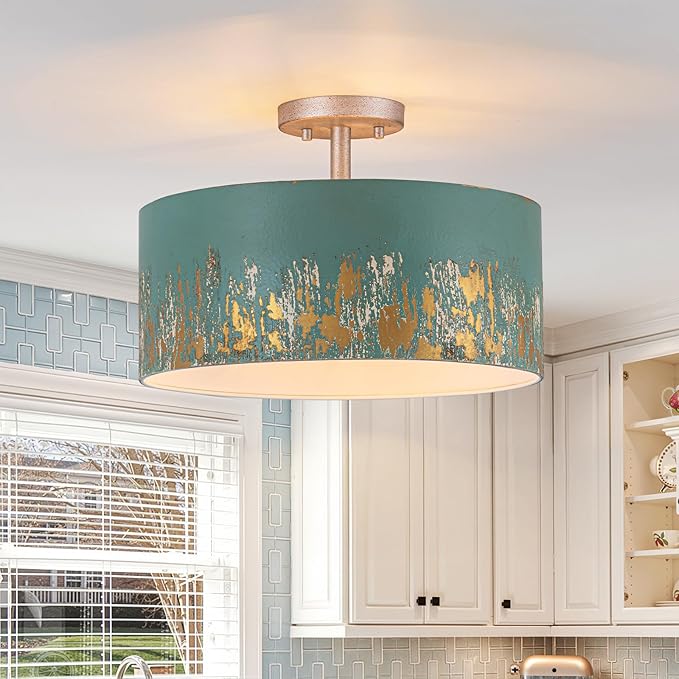14.96" Modern Vintage Semi Flush Mount Ceiling Light,3-Light Blue Ceiling Light Fixture with Hand-Brushed Gold Finish,Dimmable Hallway Light Fixtures for Bedroom,Kitchen,Entryway,Foyer