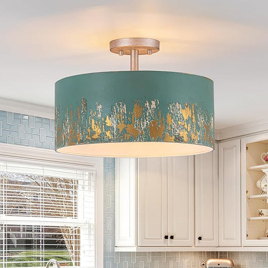 14.96" Modern Vintage Semi Flush Mount Ceiling Light,3-Light Blue Ceiling Light Fixture with Hand-Brushed Gold Finish,Dimmable Hallway Light Fixtures for Bedroom,Kitchen,Entryway,Foyer
