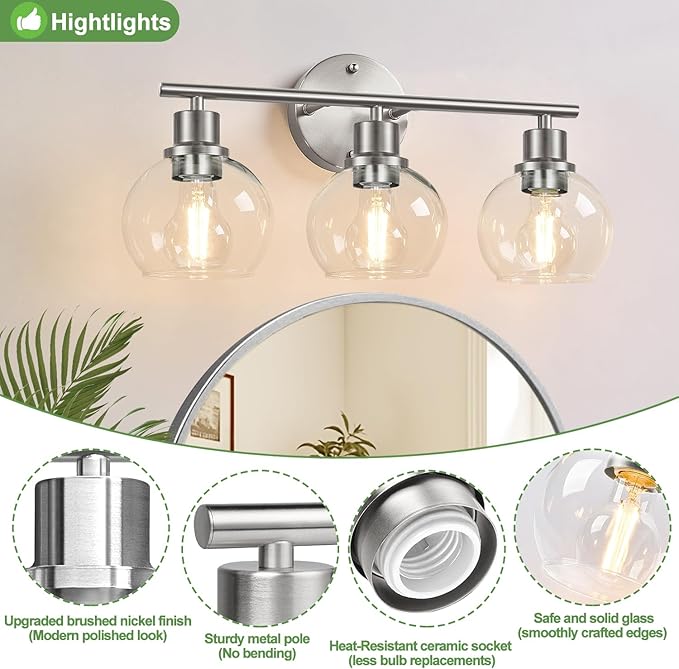 Indoi 3-Light Bathroom Light Fixtures, Brushed Nickel Modern Vanity Lights Over Mirror with Clear Glass Globe Shade, Bathroom Wall Sconces for Mirror Kitchen Living Room Hallway Cabinet Bedroom Porch