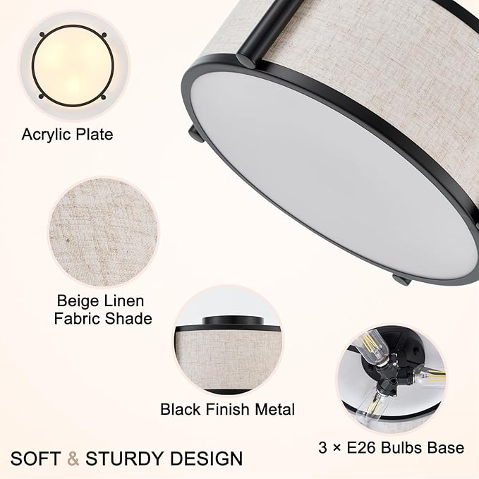 13" Semi Flush Mount Ceiling Light Modern 3-Lights Black Drum Ceiling Light Fixture with Fabric Linen Shade, Vintage Modern Ceiling Lighting for Laundry Room, Kitchen, Basement, Bedroom