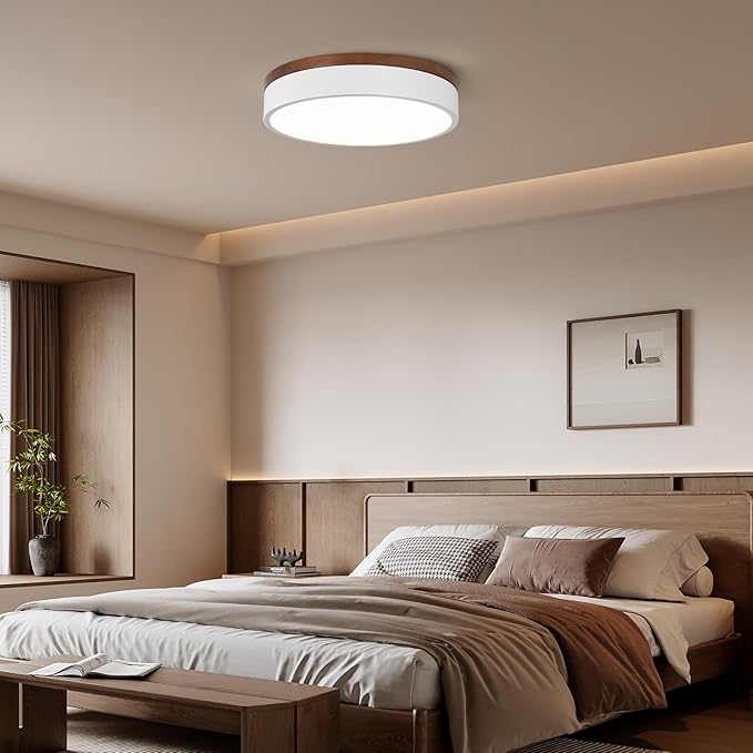 Led Flush Mount Ceiling Light: 11.8" Modern Dimmable White Walnut Wood Low Profile Close to Ceiling Light Fixture - 5CCT Round Minimalist Flat Overhead Lighting for Bedroom Laundry Hallway Living Room