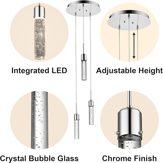 Vivio Lighting Modern Pendant Light Mini Ceiling Lights for Kitchen Island Bubble Crystal LED Adjustable Hanging Lights for Living Room Dining Room Chrome 4000K 3 Light