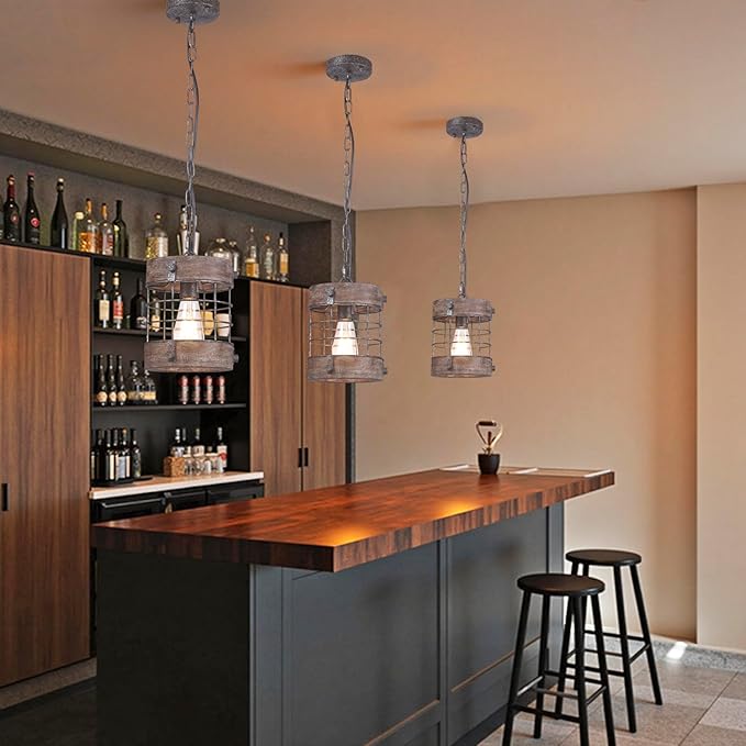 Farmhouse Pendant Light, Rustic Hallway Light Fixtures, Industrial Metal and Wood Chandelier 1-Light Round Cage, for Kitchen Island Foyer Hallway Bar Dining Room Entryway, D 7.9" X H 8.7" (Sliver)