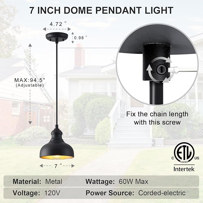 7in Dome Outdoor Pendant Barn Light Black and Brass Kitchen Island Hanging Light Fixture Exterior Small Porch Pendant Lamp Farmhouse Bedroom Hanging Lamp for Bathroom Shop Cafe, Ajustable
