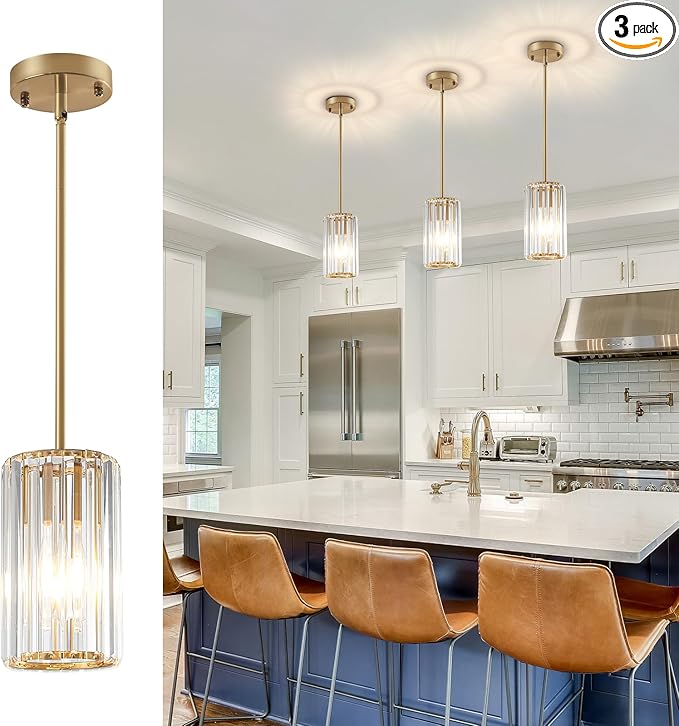 3 Pack Gold Modern Crystal Pendant Lights Hanging Light Fixtures, Gold Kitchen Island Pendant Lighting Fixtures Adjustable Modern Crystal Pendant Lights for Island Dining Room Hallway Bedroom