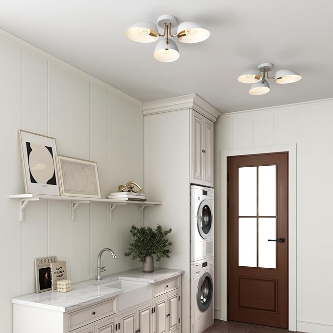 Nathan James Argo Semi Mount Flush Ceiling Light, 3-Lights Modern Retro Lighting with White Rounded Shades for Hallway, Dining Room and Bedroom, Vintaged Brass/White