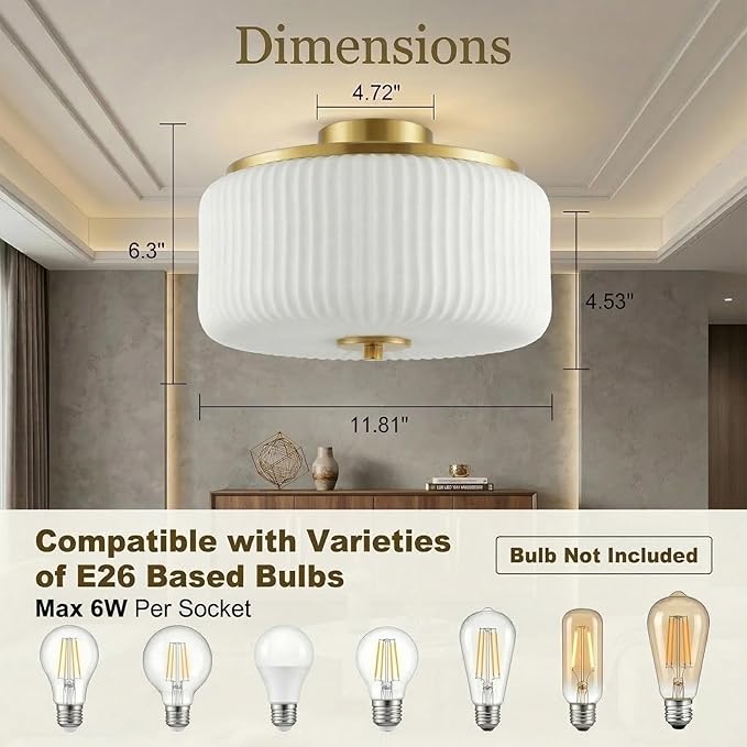 3-Light Gold Flush Mount Ceiling Light, 11.8" Modern Schoolhouse Light Fixtures Ceiling Mount with Ribbed Opal White Glass Shade, Anti-Glare Close to Ceiling Lamp for Bedroom Kitchen Hallway Entryway