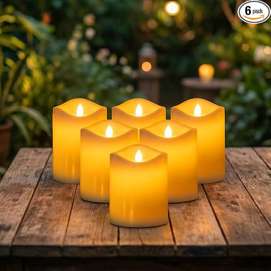 Livinlarge Solar Candles Outdoor Waterproof, 3"x4" Rechargeable Solar Powered Flameless Flickering LED Pillar Candle for Patio Yard Deck Window Table Decor, Holiday Gifts for Mom and Wife, 6pcs