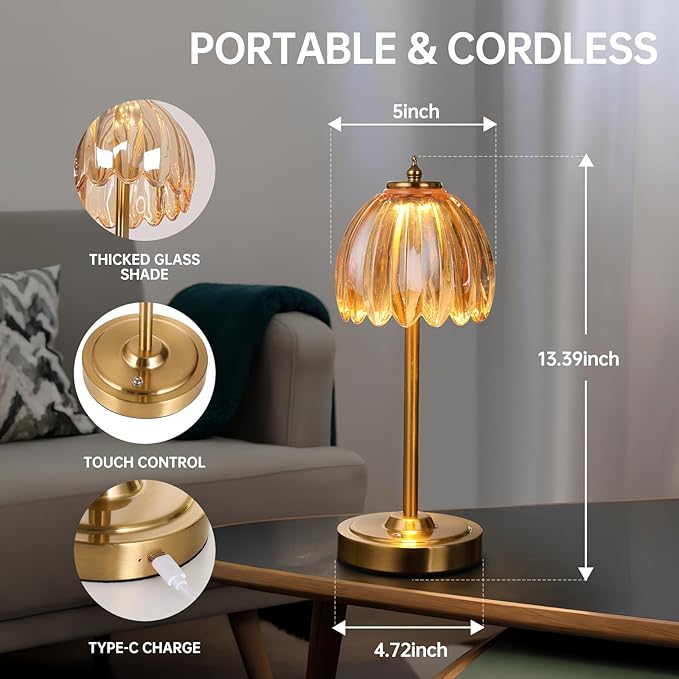 Shenmoyl Set of 2 Tulip Table Lamp with 5000mAh Battery & Touch Control, Cordless Table Lamp with 3 Colors, Dimmable Rechargeable Table Lamps for Bedroom, Living Room, Entryways (Amber Tulip)