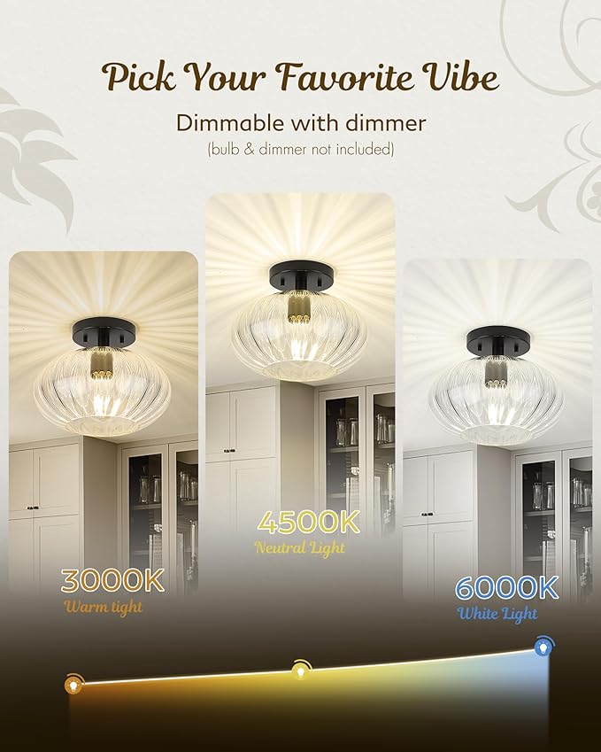 FEMILA Black Semi Flush Mount Ceiling Light, 10.3" Ceiling Light Fixtures for Kitchen Island, Bedroom, Living Room, with Dome Glass Shade, E26 Base, 4FYD85F BK