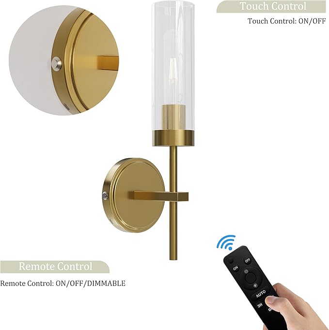 Gold Battery Operated Wall Sconce Set of 2, Wireless Wall Sconces with Remote Control, Rechargeable 3000K Dimmable Wall Light for Bedroom Living Room Bathroom Hallway Entryway Stairwell