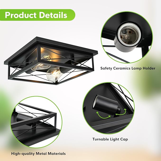 2 Pack Farmhouse Ceiling Light Fixture - 12 Inch Big Industrial Square Modern Black Flush Mount Ceiling Light for Kitchen, Hallway, Bedroom, Balcony, Porch, Stairway, E26 (Black, 12 Inch)