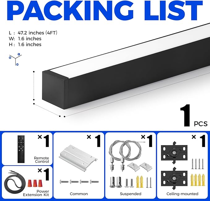 Barrina 4040 Remote Series LED Linear Light Fixture with Remote, 3rd-Generation, 4FT 40W Seamless Connection, 3000K to 6000K Color Changing, Dimmable Island Lights for Kitchen Garage, Black, 1 Pack