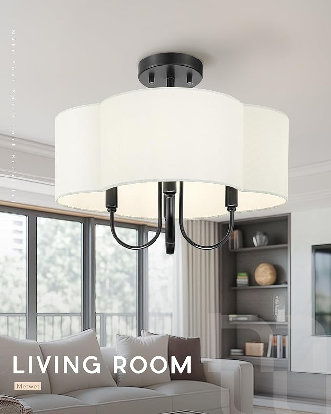 18" Semi Flush Mount Ceiling Light, 4-Light Vintage Light Fixtures Ceiling Mount with Fabric Shade in Quatrefoil for Kitchen Nursery Entryway Hallway Bedroom, Matte Black, SM179-MB-L