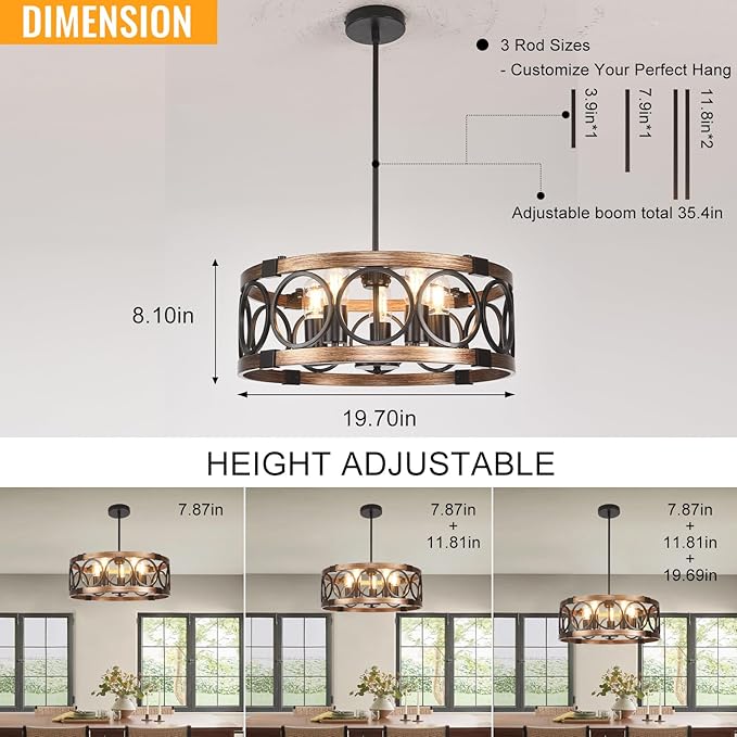 5 Light Light Fixtures Ceiling Mount 19.71" Flush Mount Ceiling Light,Height Adjustable Farmhouse Chandeliers for Dining Room Black Drum Chandelier Ceiling Hanging Pendant Light Fixture