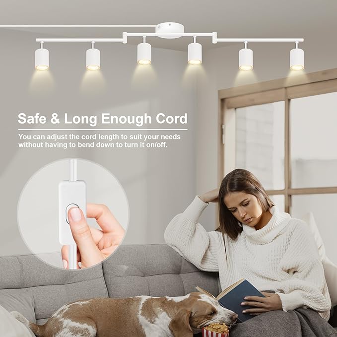 Track Lighting Plug in, LED Track Lighting Fixtures Ceiling Kit, White 6-Light Ceiling Light Plug-in, Wall Light with 14.8ft Power Cord, Rotatable Kitchen Spotlight for Bedroom(GU10 Socket, NO Bulb)