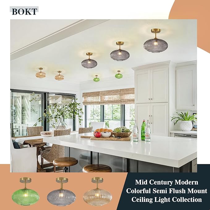 BOKT Smoke Gray Glass Modern Pendant Light Nursery Close to Ceiling Light Hallway Gold Semi Flush Mount Ceiling Light Fixture for Laundry, Schoolhouse, Stairway 9.8"