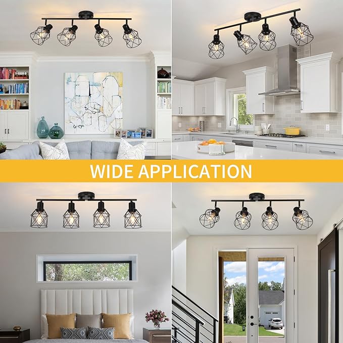 WILON Track Lighting Fixtures Ceiling 4-Light Flush Mount Ceiling Spot Lights, Industrial Track Light Black Kitchen Light Fixtures Rotatable Spotlight for Kitchen Hallway Living Room (E26 Base)