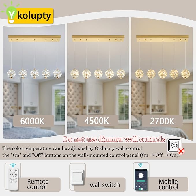 ykolupty 5-Lights Crystal Globe Pendant Light Kitchen Island Gold Linear Chandeliers for Dining Room,LED Dimmable Globe Chandelier for Kitchen Living Room Foyer
