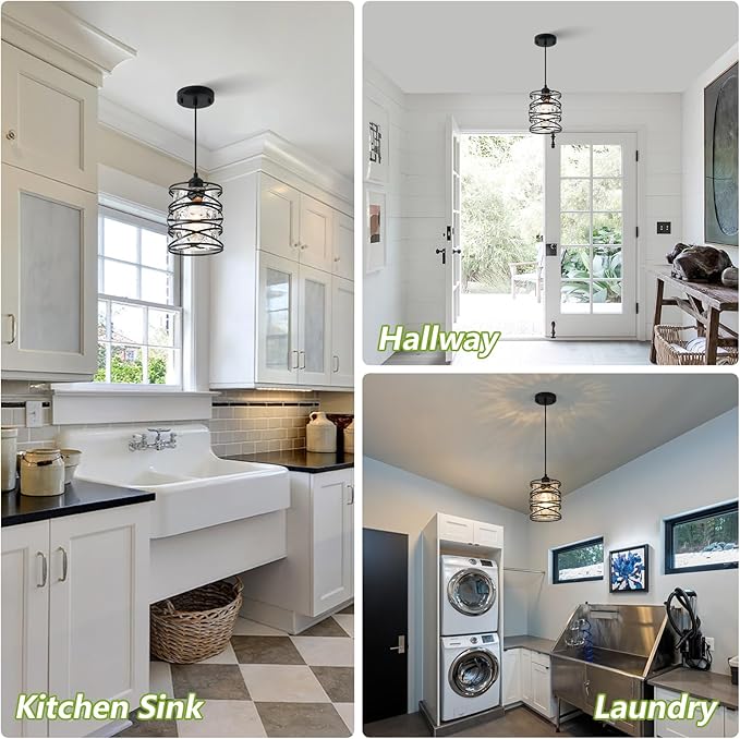 Black Mini Pendant Light Fixture 1-Pack Modern Kitchen Island Pendant Lighting 6.3 Inch Spiral Cage Handblown Hammered Seeded Glass Shade for Dining Room Bedroom Foyer Hallway Bar, E26