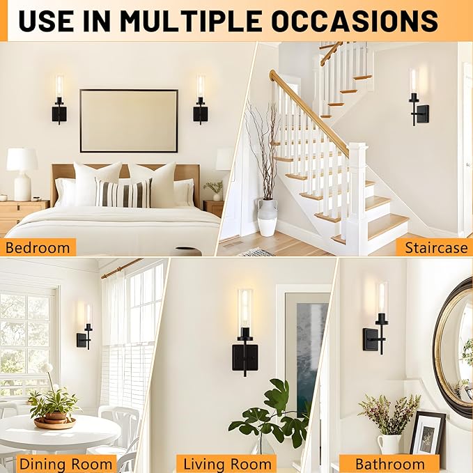 Wall Sconces Set of Two, Matte Black Bathroom Sconces Wall Lighting with Clear Glass, Modern Sconces Wall Decor Set of 2 Hardwired Vanity Light fixtures for Mirror Living Room Hallway Bedroom