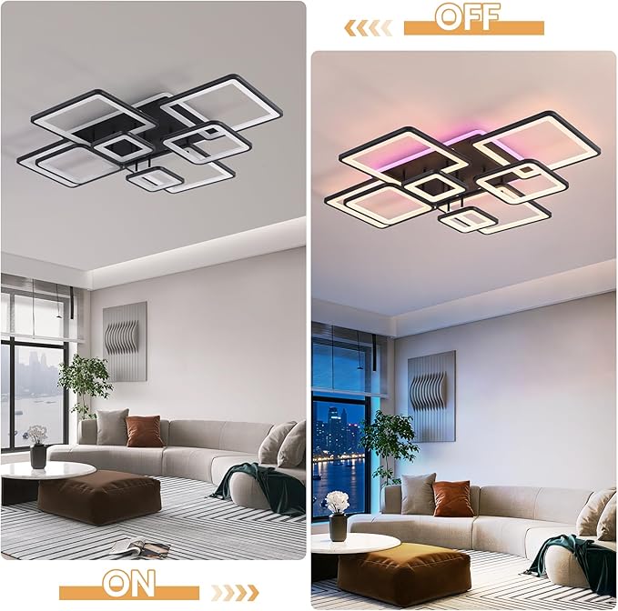 Stunning Layered Square Geometric Modern LED Ceiling Light - 100W Super Bright Black Flush Mount Chandelier, Dimmable RGB, Remote Control Included for Living Room Bedroom Dining Room