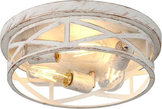 1 Pack Flush Mount Ceiling Light, 3-Light Close to Ceiling Light Fixtures, 13 Inch Metal Ceiling Lights for Bedroom, Living Room, Porch Kitchen (White + Gold)