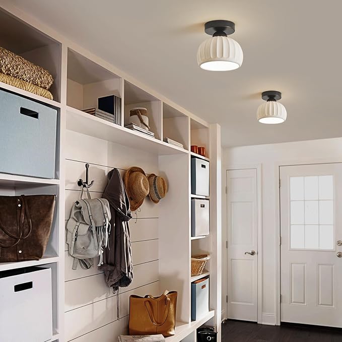 2 Pack Ceramic Black Semi Flush Mount Ceiling Light Vintage Hallway Light Fixtures, Modern Small Ceiling Mount Light Lamp for Hall Kitchen Entryway Passway Porch Foyer