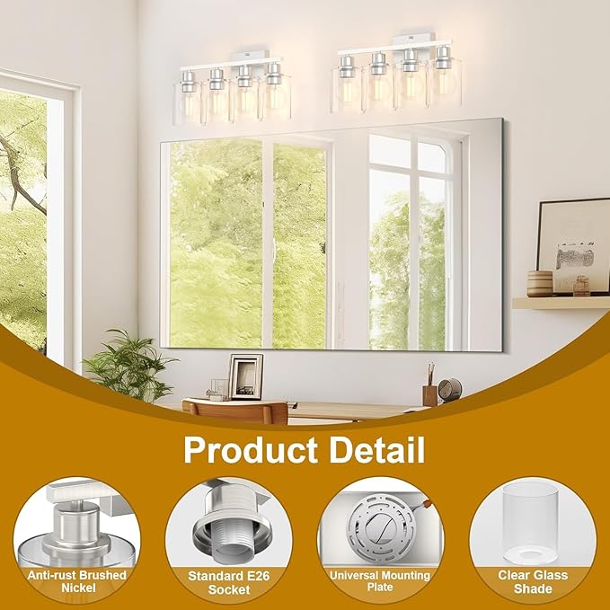 Bathroom Lighting Fixtures Over Mirror Brushed Nickel, 24Inches Vanity Lights for Bathroom, Modern 4-Light Wall Sconces E26 Base, Transparent Clear Glass Shades, Bulbs Not Included