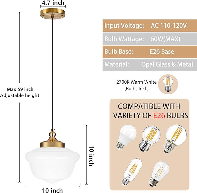 Bagood 10" Milk Glass Pendant Light Gold Schoolhouse Light Fixture Schoolhouse Pendant Light Milk Glass Light Fixture Mid Century Modern Ceiling Light for Bedroom Bathroom Kitchen Island (Bulb Incl)