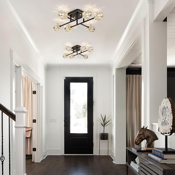 6-Light Modern Sputnik Ceiling Light Fixture，Crystal Semi Flush Mount Ceiling Light with K9 shade,Farmhouse Black and Gold Chandeliers for Dining Room,Bedroom,Living Room,Kitchen Island,Entryway