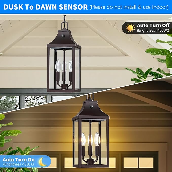15.5'' Large Outdoor Pendant Light Fixtures 3-Light, Dusk to Dawn Exterior Hanging Lantern Porch Light Adjustable, Brown Hanging Lamp Farmhouse Exterior Chandelier Ceiling Mount for Entrance Patio