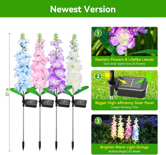 KOOPER Solar Lights Outdoor Garden Decor, 10 Pack Upgraded Delphinium Solar Garden Lights with 90 LEDs, Vivid Flowers Outdoor Waterproof for Landscape Patio Yard Decor