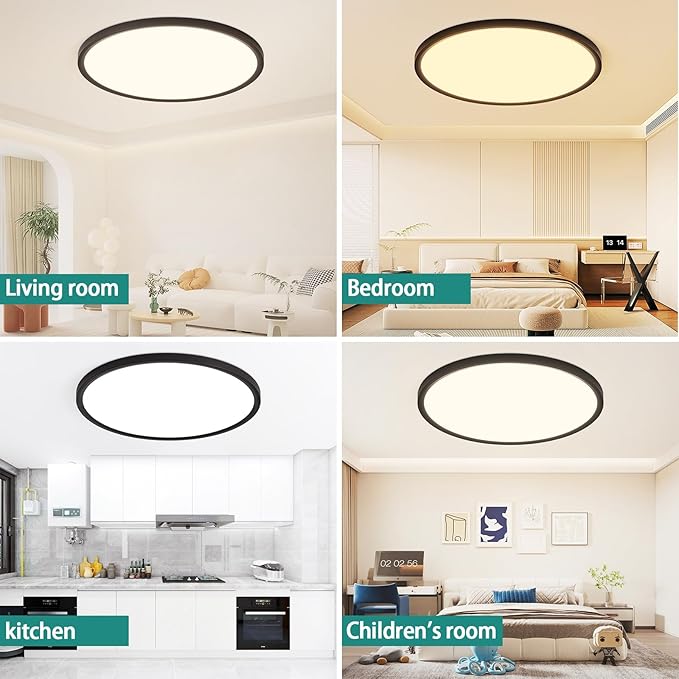 20 Inch LED Flush Mount Ceiling Light Fixture,Dimmable Ultra Thin Round Ceiling Light,40W 4000 Lumens,3 Color Temperatures 3000K 4000K 6000K,Black,for Kitchen Dining Room Bedroom Office