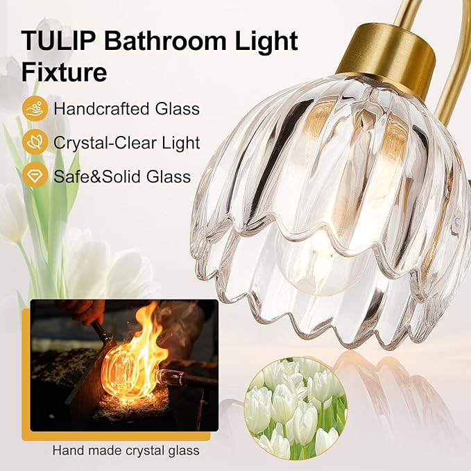 Bathroom Vanity Light (2-Light, 15 in), Brushed Gold Vanity Lights for Bathroom with Ribbed Clear Tulip Glass Shade, Vintage Vanity Wall Lights for Mirror Bedroom Living Room Hallway