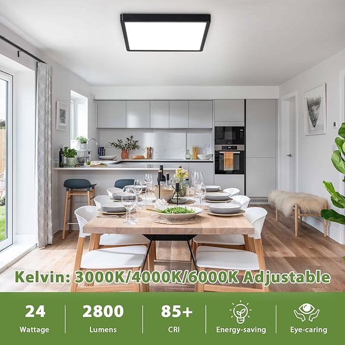 12 Inch 24W LED Flush Mount Ceiling Light Fixtures, 3000K/4000K/6000K Adjustable LED Ceiling Light, 2800LM Bright Flat Square Ceiling Light Fixture for Bedroom, Kitchen, Hallway (Black-6 Pack)