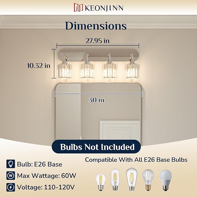 Keonjinn 4-Light Bathroom Light Fixtures, Crystal Chrome Bathroom Vanity Lights Over Mirror, Vanity Lighting Fixtures with Crystal Square Shades (E26 Socket, Exclude Bulb)