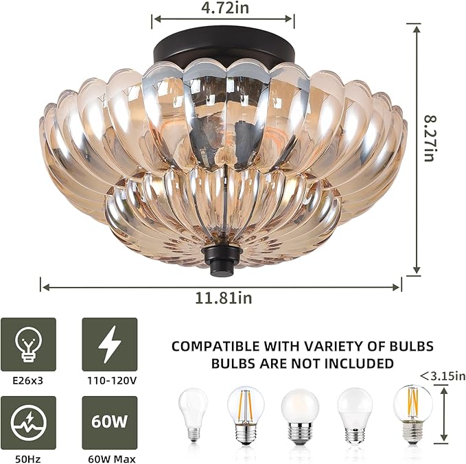 Semi Flush Mount Ceiling Light, 11.8 Inch Black Vintage Hallway Light Fixture with Amber Glass, Close to Ceiling Light for Bedroom Kitchen Living Room Bathroom Foyer, E26 Base