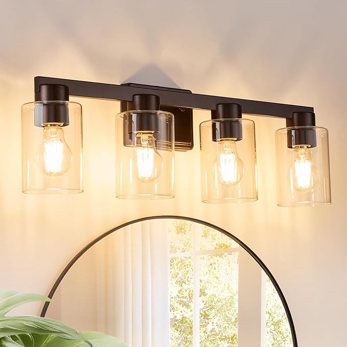 4-Light Bathroom Light Fixtures Modern Oil Rubbed Bronze Vanity Lights with Clear Glass Shade 26 Inch Wall Sconces Over Mirror for Bathroom,Powder Room, Living Room