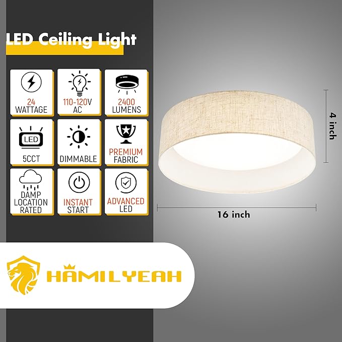 Hamilyeah 16 inch LED Flush Mount Ceiling Light, 24W Kitchen Lighting Fixture Ceiling Mount with Fabric Shade, Dimmable Drum Ceiling Lighting Fixture 5CCT for Bedroom, Bathroom, Living Room, Kitchen