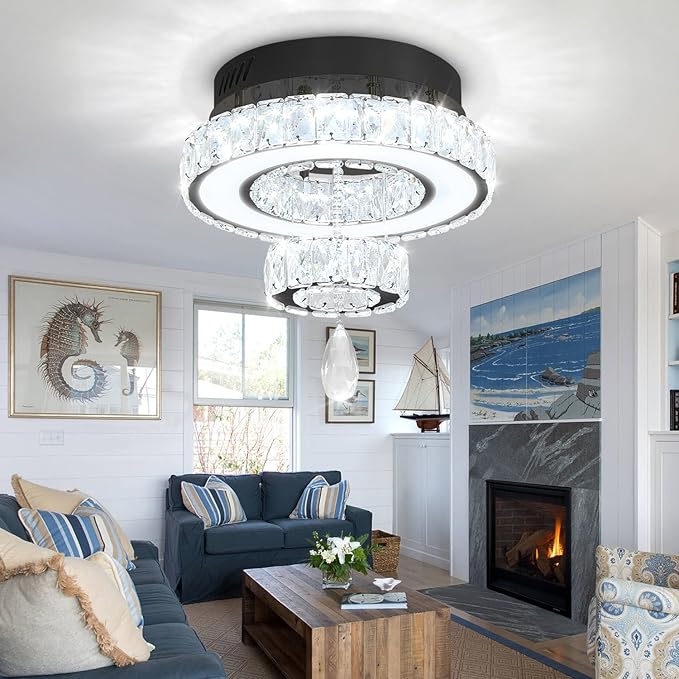 Flashing God 12" Modern Crystal Chandeliers Flush Mount Ceiling Light Black Chandelier for Hallway LED Dimmable Mini Chandelier for Dining Room Living Room Bedroom