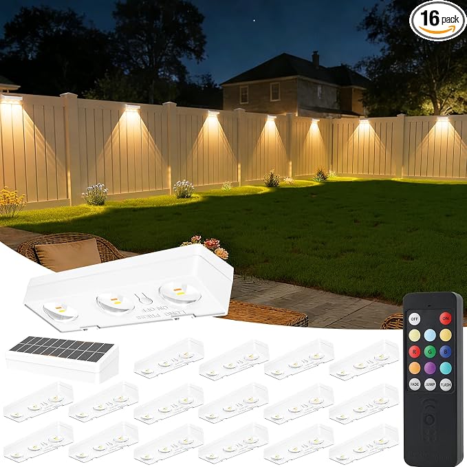 JOFIOS Solar Fence Lights with Remote 16 Pack, Color Changing RGB & Warm White, 12 Dynamic Modes, IP65 Waterproof, Solar Lights for Fence, Deck, Backyard, Patio Holiday & Party Decoration(White)