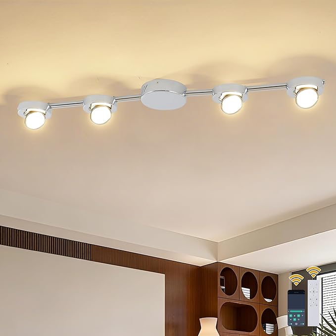 Qcyuui Track Lighting 4-Light LED Track Lighting Fixtures Ceiling Dimmable Kitchen Ceiling Light with Remote Brushed Nickel Rotatable Heads Ceiling Spotlight Wall Light for Bedroom Living Room