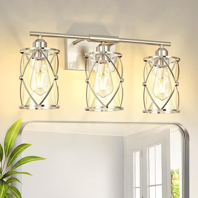 3-Light Brushed Nickel Bathroom Light Fixtures, 21 Inch Modern Bathroom Vanity Lighting Fixtures Over Mirror with Clear Glass and Metal Cage Wall Sconce Lights for Bath, E26, CH9176BN-3W