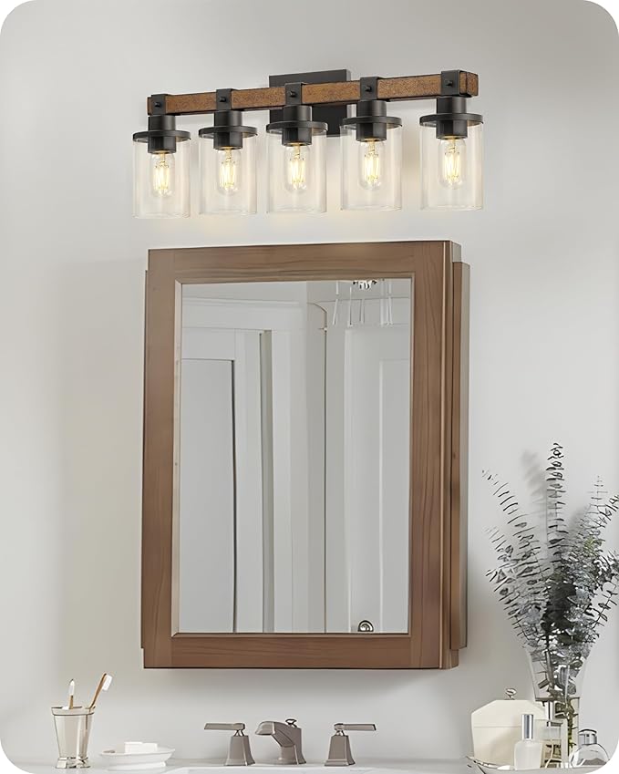 5-Light Bathroom Light Fixture, Farmhouse Vanity Lights for Bathroom with Glass Shade, Rustic Bathroom Light Fixtures, E26 Base F10BD05W1