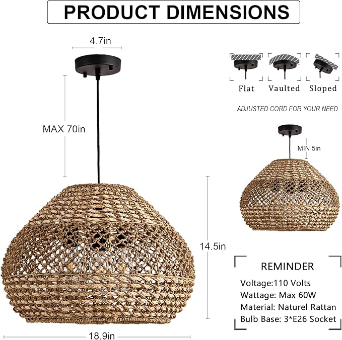 19in Large Rattan Chandelier 3-Lights Boho Hand Woven Wicker Dining Room Lighting Fixtures Farmhouse Round Rattan Pendant Light for Living Room Bedroom Kitchen Island Restaurant Bar