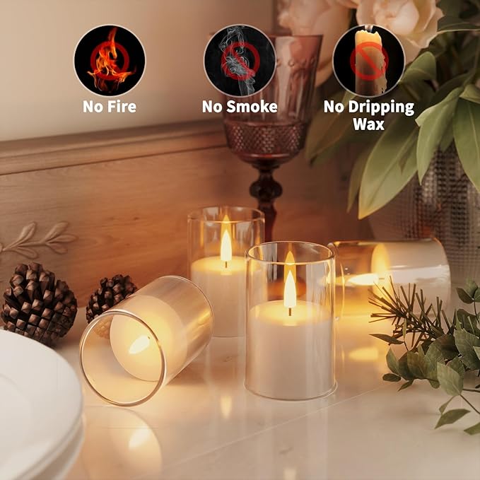 VIODAIM 6Pack Flickering Flameless LED Candles with Remote & Timer, Battery Powered - Small Pillar & Votive, Clear (2"X3")