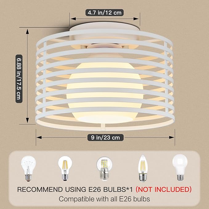 Modern Industrial Semi Flush Mount Ceiling Light, 1-Light White Farmhouse Ceiling Light Fixture with Glass Shade, Hallway Lighting Fixture for Kitchen, Bedroom, Bathroom, Foyer, Laundry room 9.0in