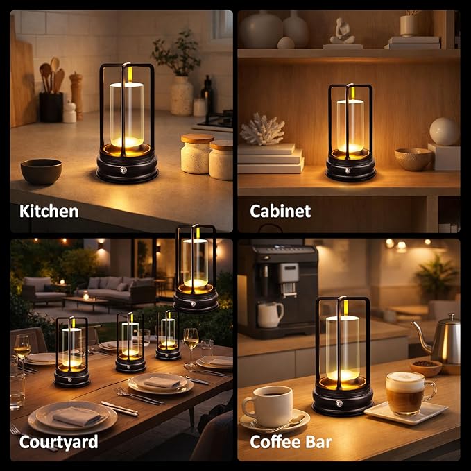 Cordless Table Lamp - 1 Pack Rechargeable 2000mAh Battery Operated LED Lamp with 3-Color Stepless Dimming, Touch Control, for Dining Room, Bedroom, Bar, Restaurant, Patio & Camping, Black