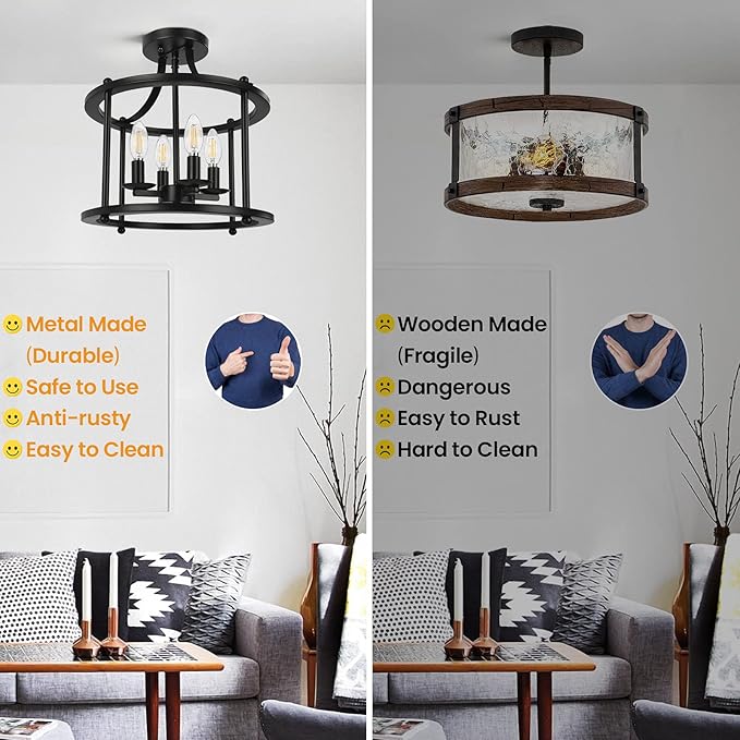 Farmhouse Semi Flush Mount Ceiling Light Fixture, 4-Light Industrial Ceiling Light w/ E12 Base Metal Rustic Vintage Chandelier Lighting for Kitchen Dining Room Hallway Entryway Foyer (Matte Black)